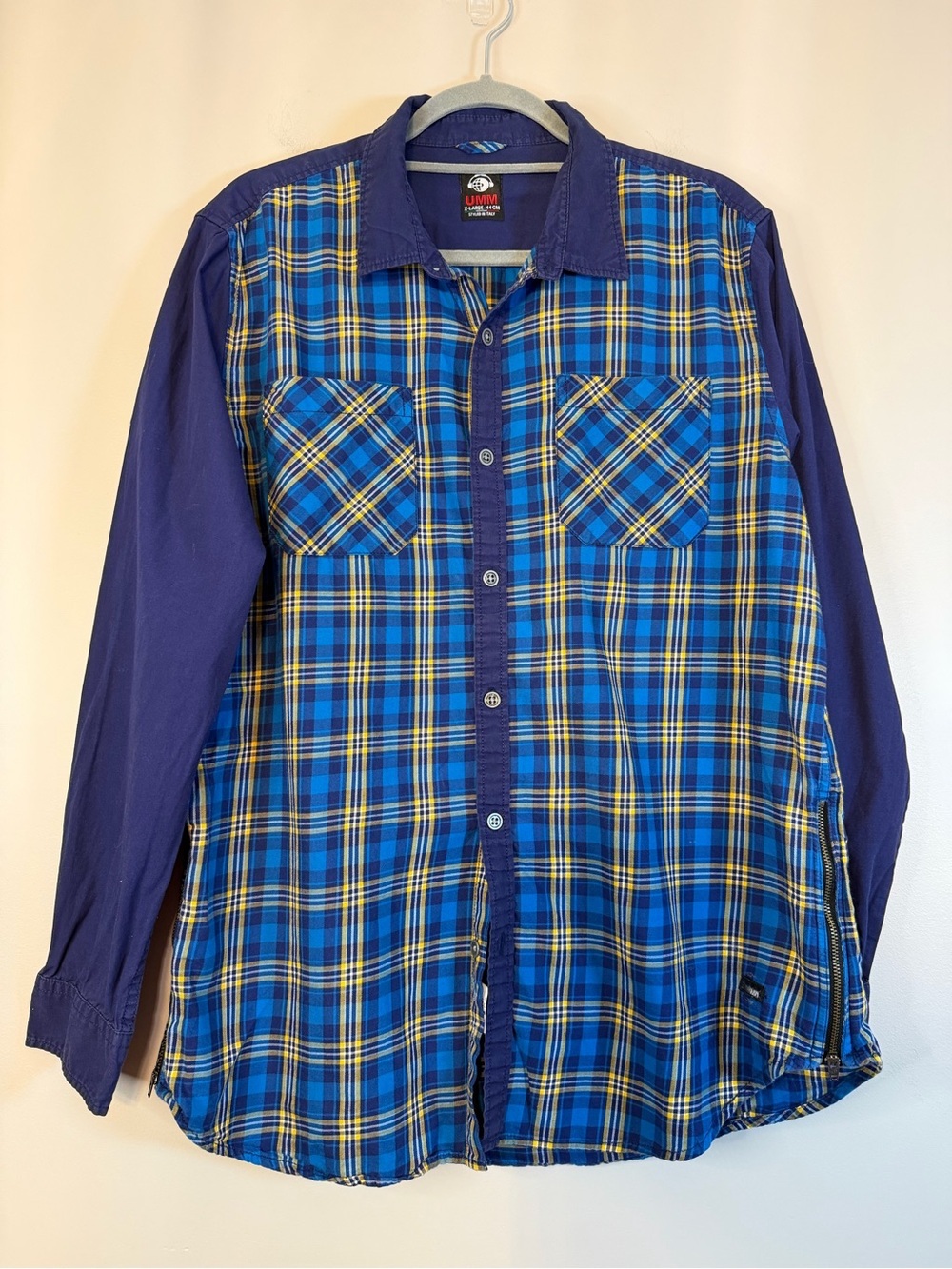 Underground Music Movements Men's Navy Blue Plaid Casual Button-Down Shirt